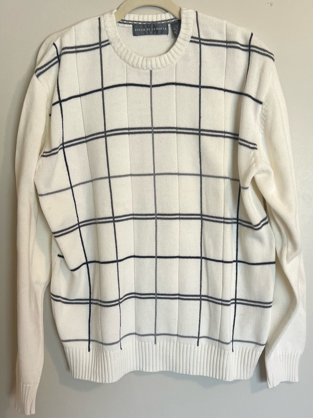 Oscar de la Renta White Sweater with Black Windowpane Grid 100% Cotton